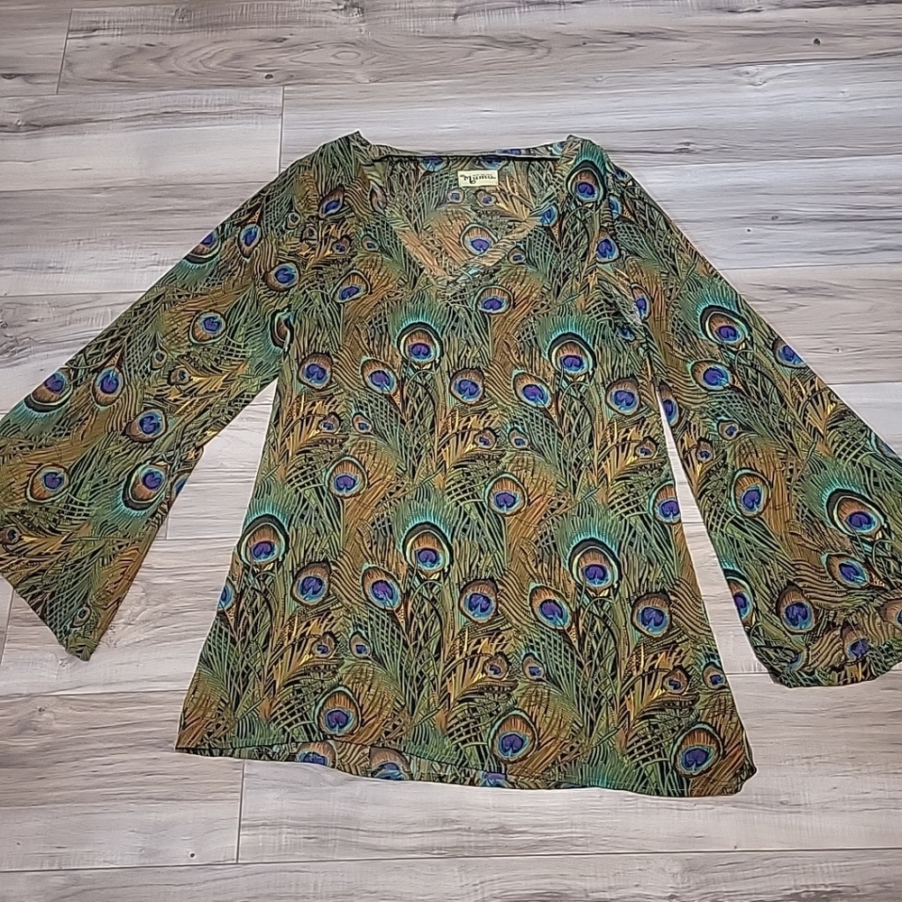 Show Me Your Mumu Top Womens Small Peacock Print‎ Tunic Flare Long Sleeve VGT